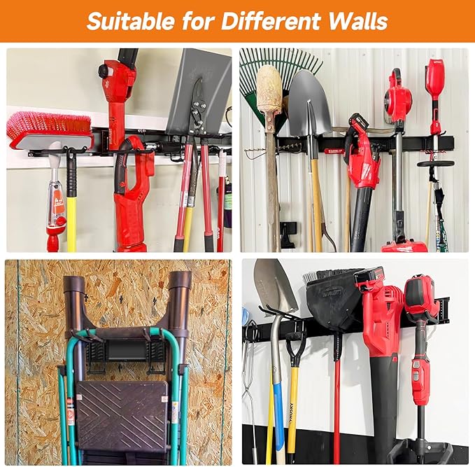 WEZAFO Garden Tool Organizer Wall Mount, Heavy Duty 48 Inches Garage Organization and Storage Racks for Yard Tools with 6 Hooks, Tool Hangers Holders for Hanging Folding Chair, Rake and Shovel