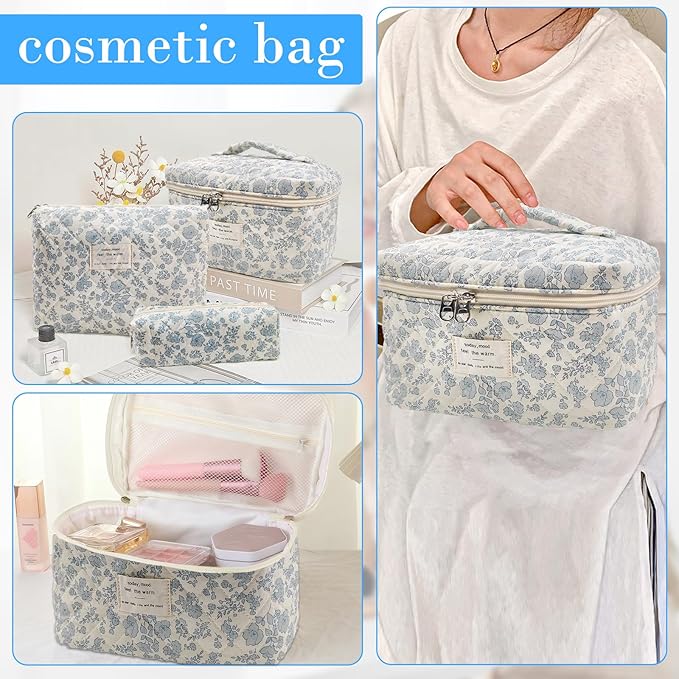 Cozomga Quilted Makeup Bag, Large Capacity Travel Cosmetic Bag for Women and Girls, Aesthetic Storage for Daily and Travel Use (3pcs-Orchid)