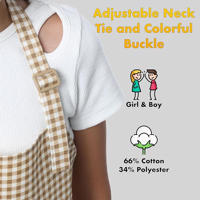 Kids Aprons for Cooking Waterdrop Resistant Aprons for Girl & Boy Toddler Apron for Painting, Gardening, Baking, Smock (Plaid Brown, Medium (6-10 years)