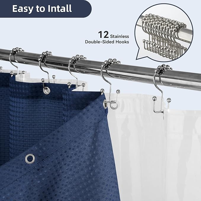 Lameirose Shower Curtain and Liner Set, 3 in 1 Waffle Shower Curtain Set with 12 Double Sided Shower Curtain Hooks, Fabric Shower Curtains for Bathroom, Navy Blue, 72 x 72