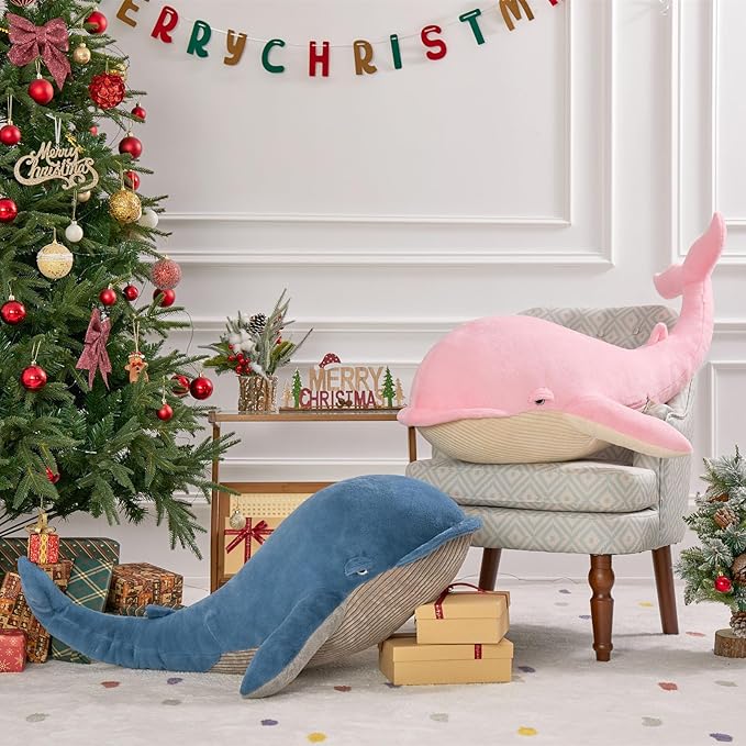 Tezituor 43.3 inch Giant Whale Stuffed Animals, Hugging Soft Pink Whale Plush Body Pillow for Girls Women, 4ft Life-Size Ocean Sealife Plush Gift for Christmas Birthday