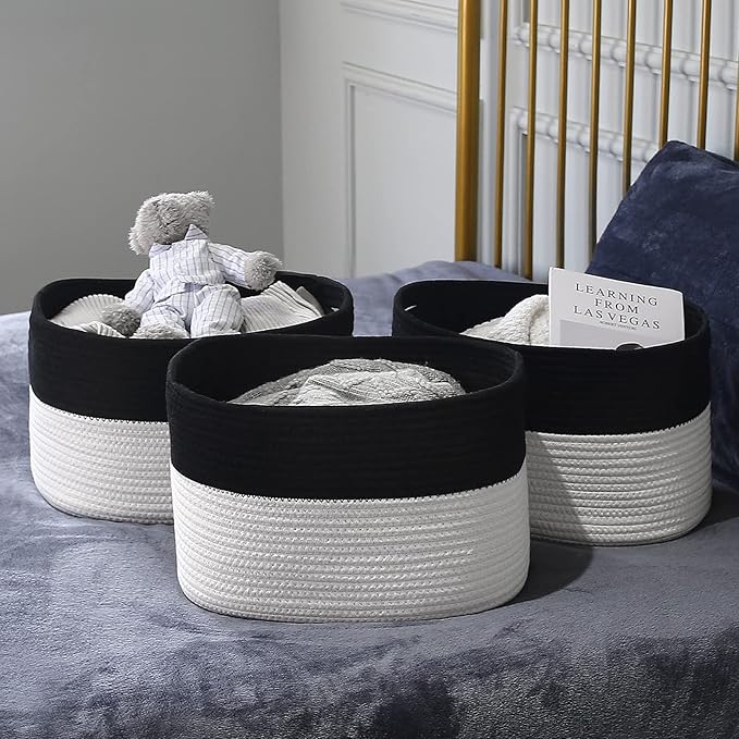 ECDYQXVU Cotton Rope Storage Basket, 15x10x9 Inches, Woven Basket for Shelves, Clothes, Towels, Books, and Laundry, Black/White (1 Pack)