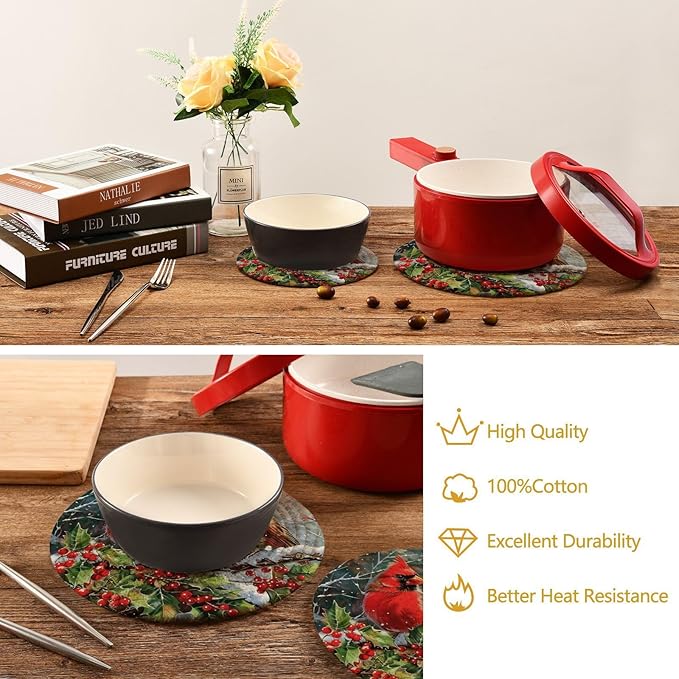 Boccsty Winter Two Cardinal Trivet Mat 2PCS Red Birds Round Woven Potholders Kitchen Table Countertop Protector Hot Pads Farmhouse Cooking