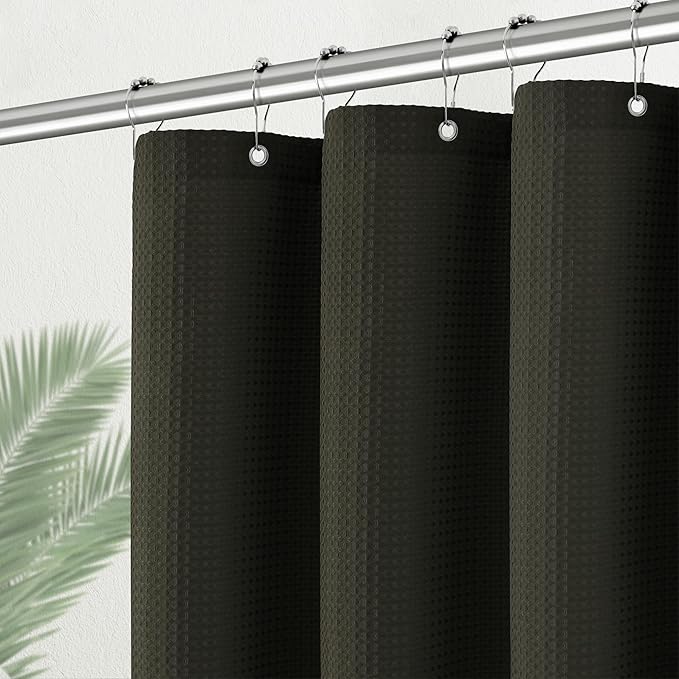 PANGSINNE Shower Curtain Waffle Weave 36 Inches Heavy Duty Stall Fabric Shower Curtain Set for Bathroom, Waterproof Weighted 256GSM Half Size Shower Curtains with 6 Hooks, 36Wx72H Brown