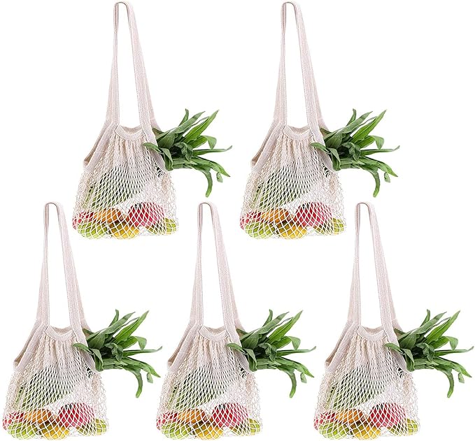 Ahyuan Ecology Reusable Cotton Mesh Grocery Bags 5Pack Long Hand Cotton Mesh String Net Shopping Tote Bags