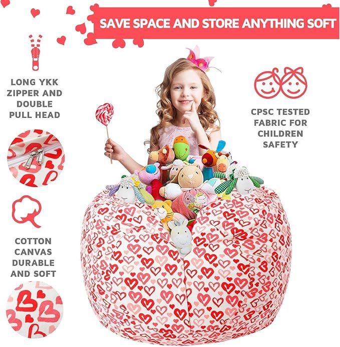 WEKAPO Stuffed Animal Storage Bean Bag Chair Cover for Kids | Stuffable Zipper Beanbag for Organizing Children Plush Toys Large Premium Cotton Canvas (Heart, XX-Large)