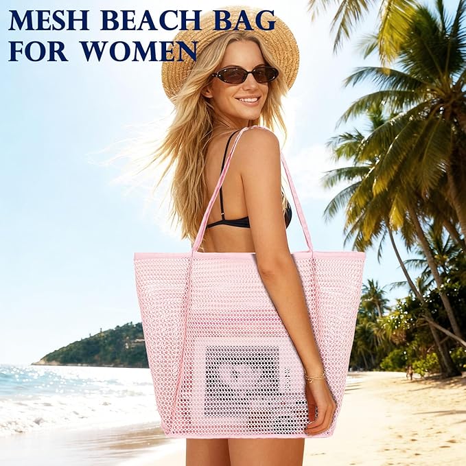 Fammart Mesh Beach Bag, Large Beach Tote with Zipper Pocket for Family Pool Bag for Toys & Vacation Essentials