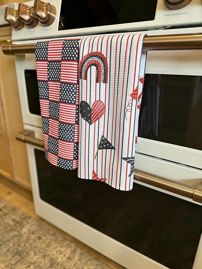 Desert Aqua 2 Pack|| Double Sided || Not Your Ordinary Kitchen Towels || Dish Towels || Quick Dry || Waffle Weave Microfiber || Designer Prints || Highly Absorbent || Hanging Hook (4th of July Navy)