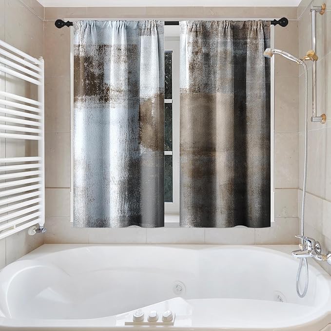 Culudea Brown Grey Painting Shower Curtain Set, Contemporary Gray Abstract Bathroom Window Waterproof Shower Curtain Set for Bathroom Decor