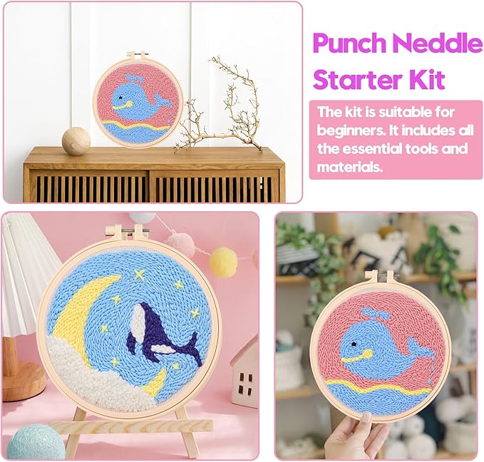 Cheloment 2 Sets Punch Needle Kits with 5mm/3.5mm Punch Needle,Fabric,Threader, Yarns and Hoops Embroidery Starter Kit for Adults Beginner, Perfect for DIY Craft and Decoration (Dolphin&Whale)