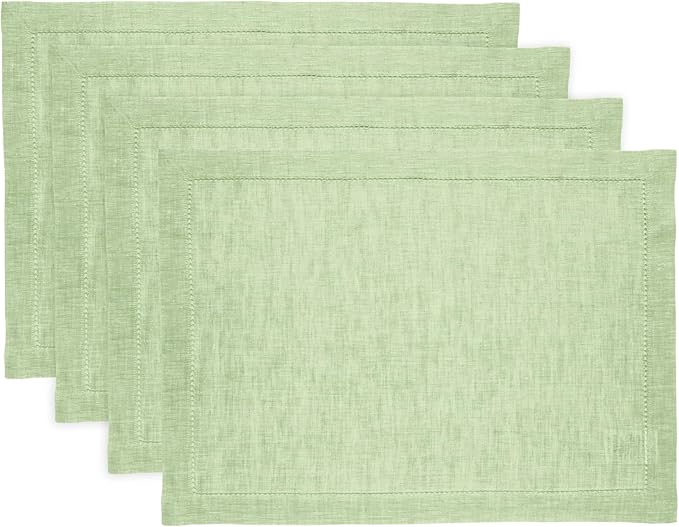 Solino Home Linen Placemats Set of 4 - Milan Hemstitch Pistachio Placemats 14 x 19 Inch - 100% Pure Linen Table Mats for Spring, Easter, St Patricks Day