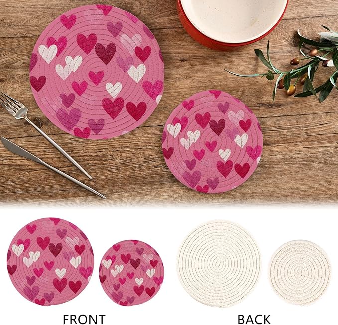 Valentine's Day Pink Hearts Trivet Mat 2PCS Round Woven Potholders Kitchen Table Countertop Protector Hot Pads Farmhouse Coasters Counter Mats for Cooking Baking