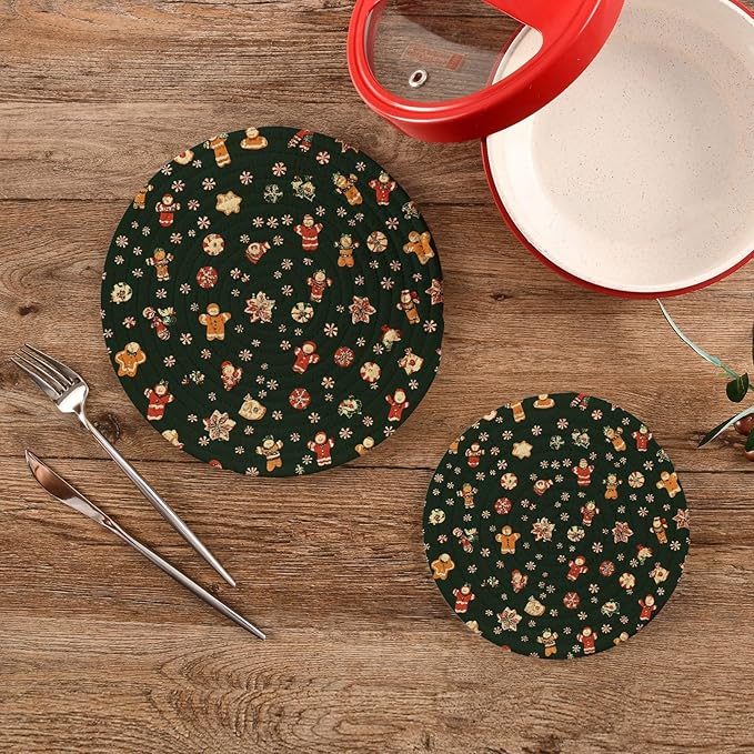 Christmas Green Trivets for Hot Dishes Pots and Pans Potholders Woven Trivet Cotton Round Large Pot Holder Decor Heat Resistant Hot Pads Mat for Table Counter Cooking Potholder Set of 2 (