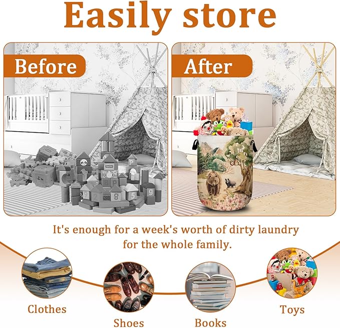 Forest Bear Deer Laundry Basket with Sturdy Handles, Watercolor Wild Animal Collapsible Oxford Cloth Laundry Hamper Organizer Basket for Bathroom Bedroom 15.7x20 Inch