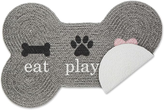 DII Braided Pet Mat Collection 100% Cotton, Bone Shape, Gray Eat Play Love