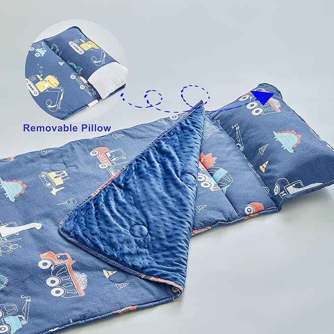 Cotton Toddler Nap Mat with Zipper,Detachable Minky Blanket and Removable Pillow,Soft Slumber Bags for Boys,Kids Sleeping Bag for Daycare Preschool Kindergarten,Dinosaur Navy Blue