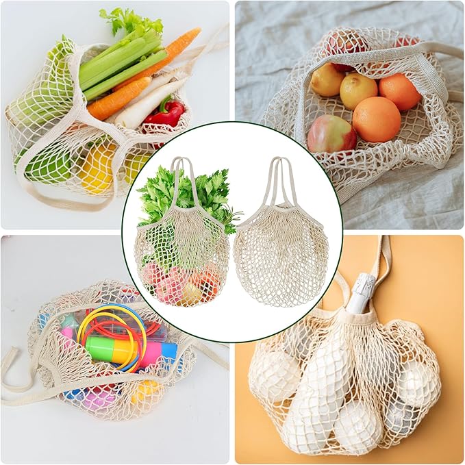 Mordx 2-Pack Reusable Mesh Grocery Bags, 100% Cotton String, Long Handle Produce Bags, Fruit & Veggie Storage