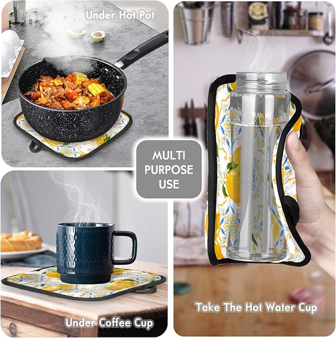 Oven Mitts and Pot Holders Set Ethnic Lemon - Heat Resistant Oven Gloves Potholder for BBQ Baking Grilling Cooking Kitchen Set of 2,Citrus Lemon Flower
