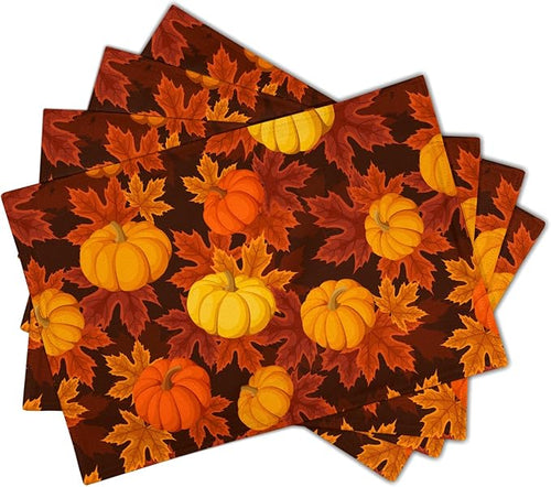 aportt Fall Placemats Set of 4 Autumn Pumpkin Leaves Linen Place Mat Washable Non-Slip Heat Resistant 12×18 Inch Thick Place Mats Decorative Fabric Table Mat for Dining Table