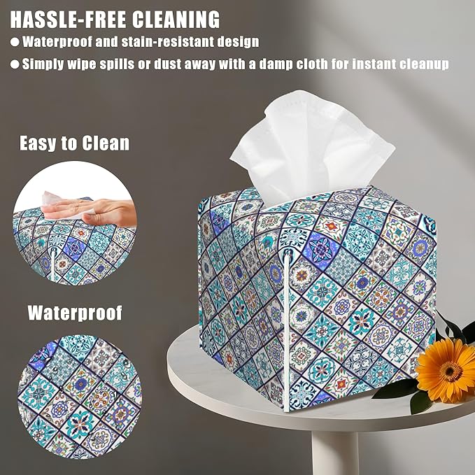 BLYKVGHQ Square Tissue Box Cover Vintage Ceramic Tiles Tissue Box Holder Facial Cube Paper Dispenser Leather Decorative Organizer Home Office Desk Decor, 5.2"x5.2"x5.2"