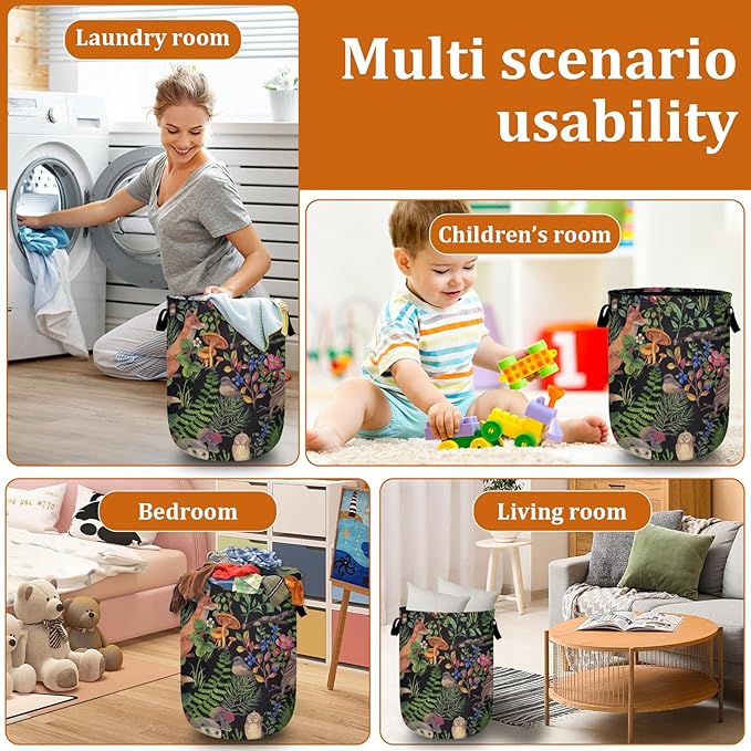 Leaves Mushroom Flower Laundry Basket with Sturdy Handles, Fox Bird Owl Collapsible Oxford Cloth Laundry Hamper Organizer Basket for Bathroom Bedroom 15.7x20 Inch