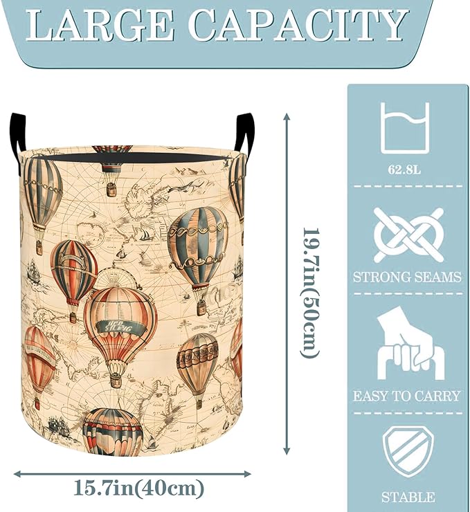 VODRM Vintage Hot Air Balloon Map Laundry Basket, Dirty Collapsible Clothes Toy Organizer Hamper for Kids Adults, Oxford Cloth Waterproof Storage Bin for Bedroom Bathroom Decor Gifts, 19.7"X15.7"