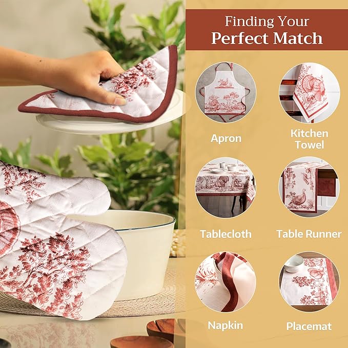 Maison d' Hermine Pot Holders Set 100% Cotton Heat Resistant Potholders 8" x 8" Hot Pads with Loop for Thanksgiving Christmas Decorations BBQ Baking Handling Hot Pans (Pack of 2, Holy Jouy - Brown)