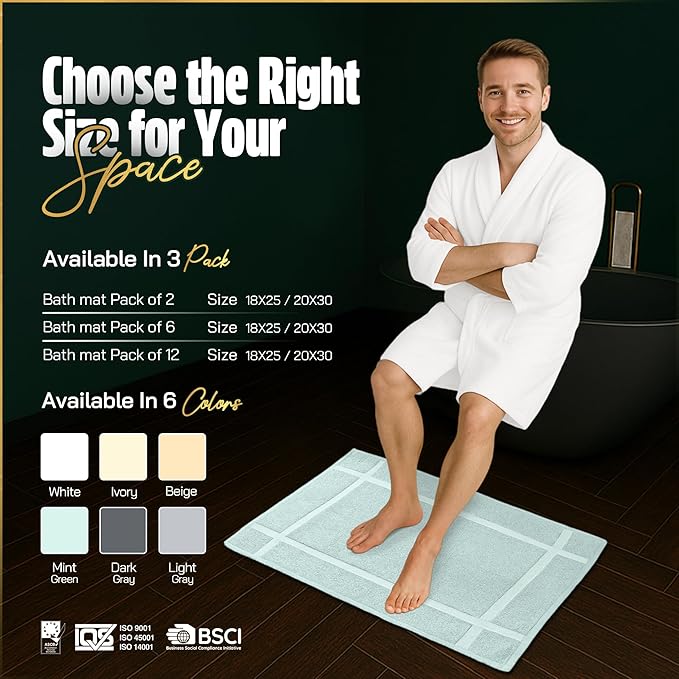 Pearl Linens Pack of 6 100% Cotton Bath Mat 18x25 inches, Soft & Absorbent Quick Dry Bathroom Mat Set, Not Bathroom Rugs, After Shower Mat, Bath Tub Mat, 687 GSM, Machine Washable, Mint Green