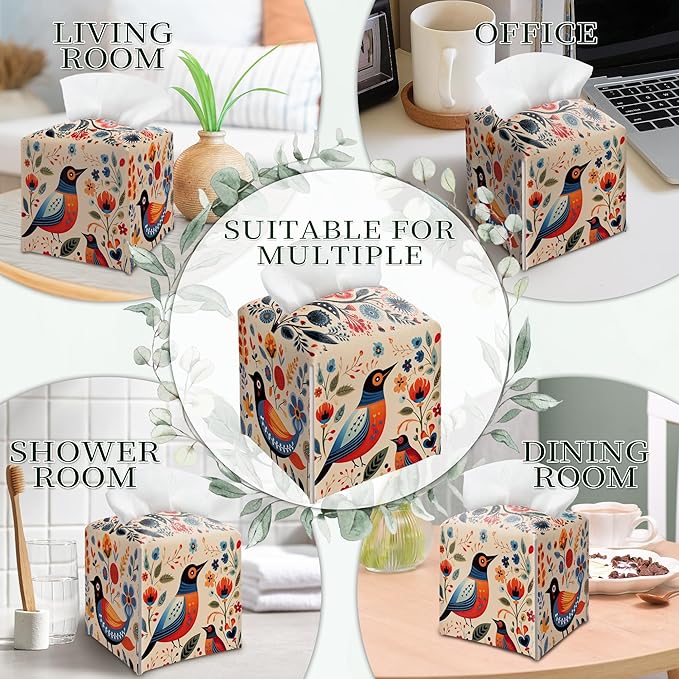 Scandinavian Tissue Box Holder, Floral Bird Leather Tissue Box Cover Square, Paper Napkins Everyday Dispenser for Bathroom Vanity Countertop Night Stands Kitchen Office Car Home Decor