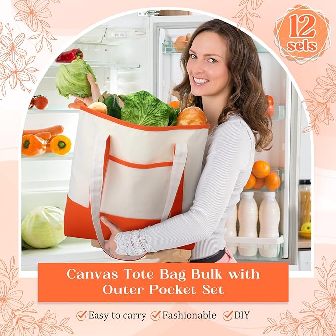 Sanwuta Canvas Tote Bags Bulk with Outer Pocket and Makeup Pouch 18'' Reusable Grocery Bags with Handles for Women Beach DIY