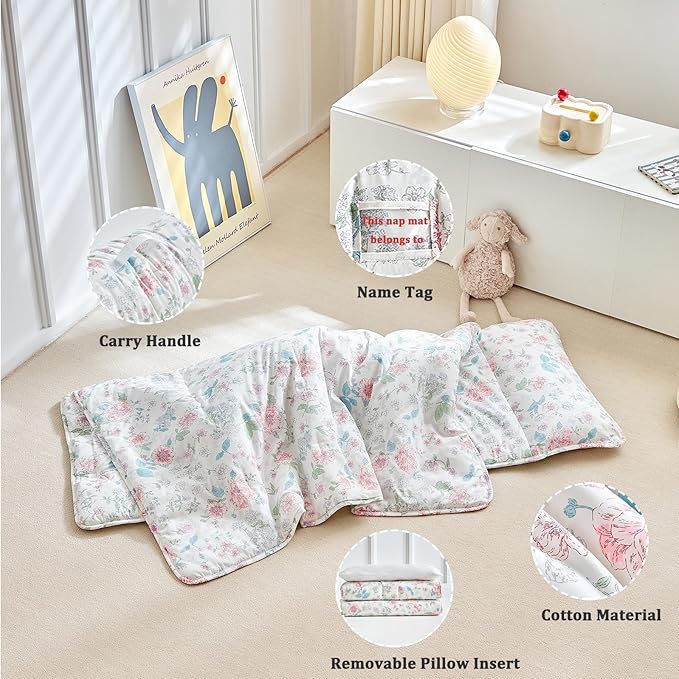 DuShow Cotton Toddler Nap Mat Floral for Girls,Roll Up Slumber Bags,Toddler Nap Mat with Removable Pillow, Kids Sleeping Mat for Daycare and Preschool Kindergarten-Flower