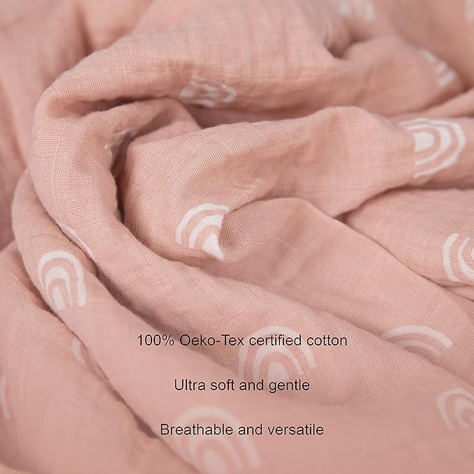 Sticky Toffee Muslin Swaddle Baby Blanket, Blush Pink Rainbows, 47 x 47 in, Soft Breathable Oeko-Tex Cotton Newborn Wrap and Receiving Blanket