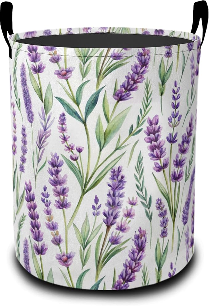 Laundry Basket,Purple Lavender Large Canvas Fabric Lightweight Storage Hamper Organizer Dirty Clothes Collapsible Waterproof for College Dorms,Bathroom