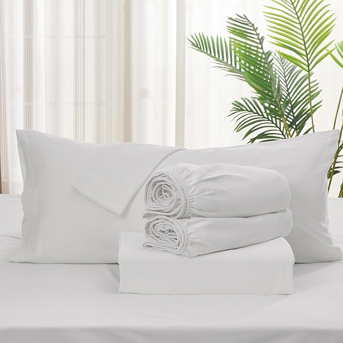 Simple&Opulence Belgian Linen Sheet Set Solid Color - 5 Pieces (1 Flat Sheet, 2 Fitted Sheets & 2 Pillowcases) Natural Flax Cotton Blend Soft Breathable Farmhouse Bedding - Split King Size, White