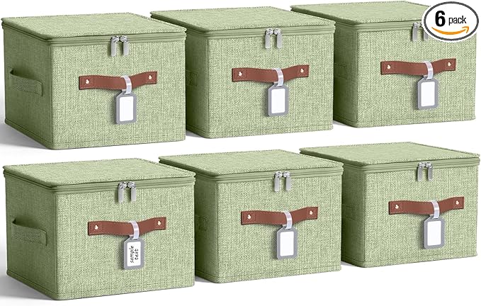 Fiwochic 6 Pack Fabric Storage Bins with Lids and Label, 10×8×7Inch Foldable Cotton Linen Cute Storage Boxes with PU Leather Handles for Closet, Bedroom, Shelf, Nursery, Green