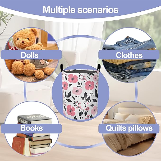 Laundry Basket, Pink Flowers Oxford Cloth Laundry Hamper With Handle Foldable Portable Clothes Storage Basket Storage Bag For Laundry Room/Bathroom/Bedroom/Dormitories
