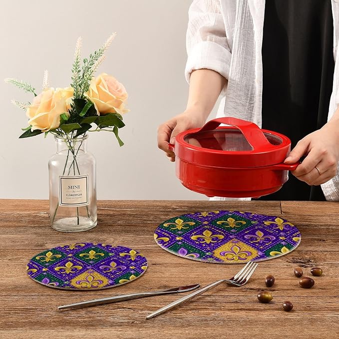 Boccsty Fleur De Lis Lilyes Trivet Mat 2PCS Mardi Gras Round Woven Potholders Kitchen Table Countertop Protector Hot Pads Farmhouse Coasters Counter Mats for Cooking Baking