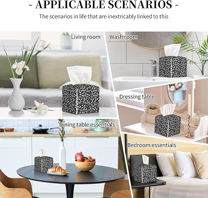 POIUBLE Leather Tissue Box Holder Black and White Flowers Tissue Box Cover Square Waterproof Tissue Holder Organizer Modern Napkin Holder for Bedroom Dresser Night Stand Office Desk