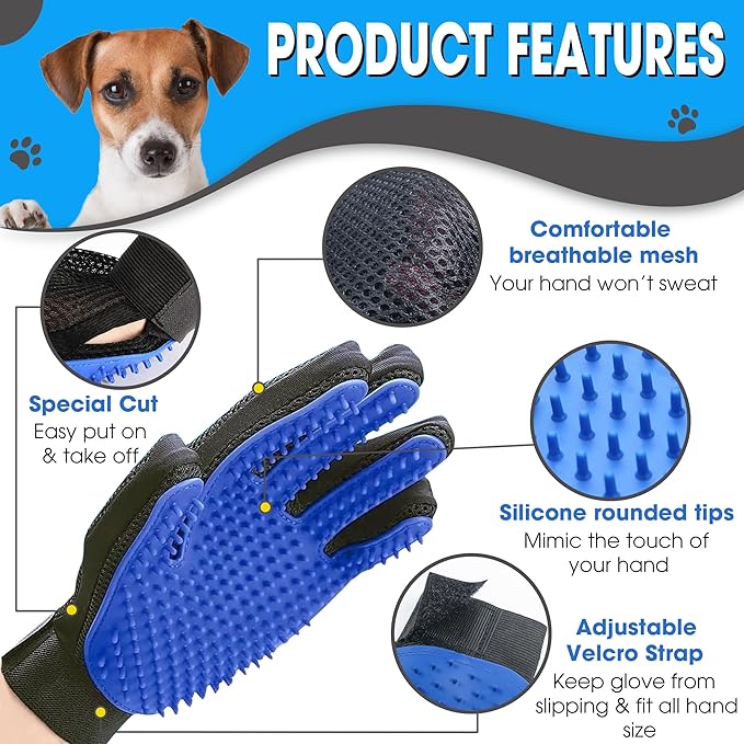 CEMZENFIX Upgrade Pet Gloves Grooming for Dogs, Grooming Gloves for Dogs, Cats, Rabbits & Horses with Long and Short Hair, Efficient Pets Hair Remover Mittens - 1 Pair (Blue)