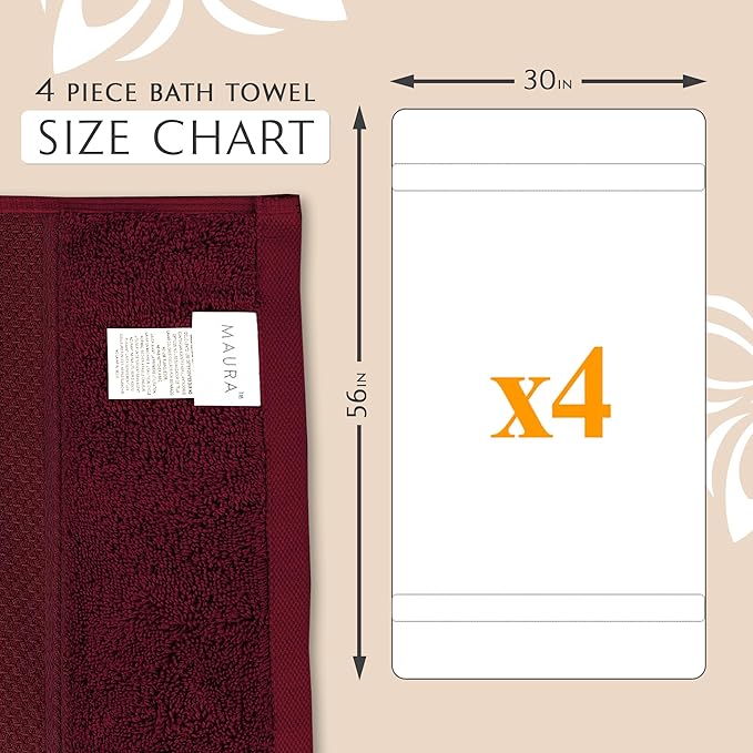 MAURA Wine Red Extra Large Turkish Cotton Luxury Bath Towels Set of 4. Ultra-Soft, Thick & Plush Towels for Bathroom - Burgundy