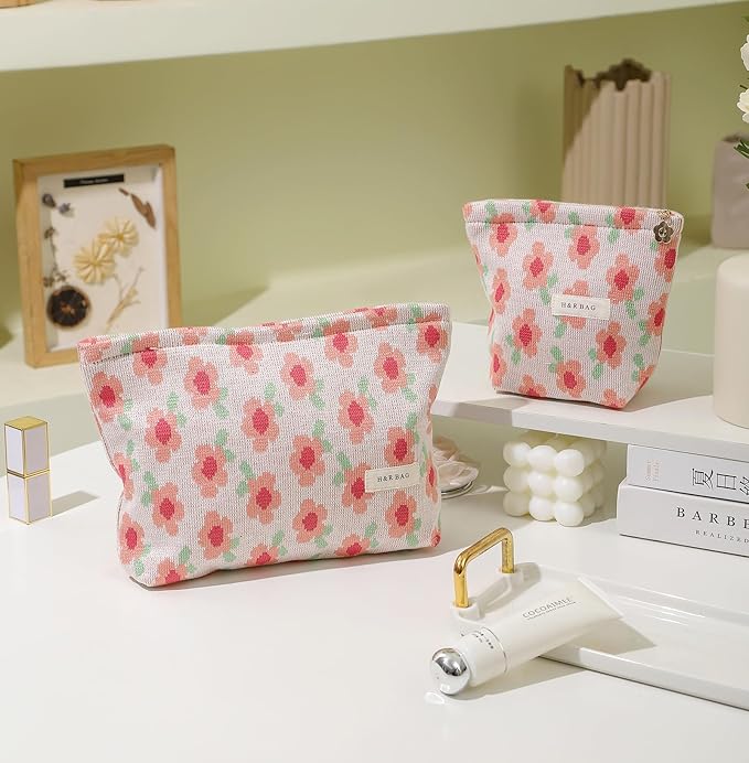 getgto 2 Pcs Makeup Bags, Large Cosmetic Bag Travel Toiletry Bag Organizer for Women, Embroidery Craft, Floral Makeup Bag Small Cosmetic Pouch Purse with Zipper Gifts for Girls Teen