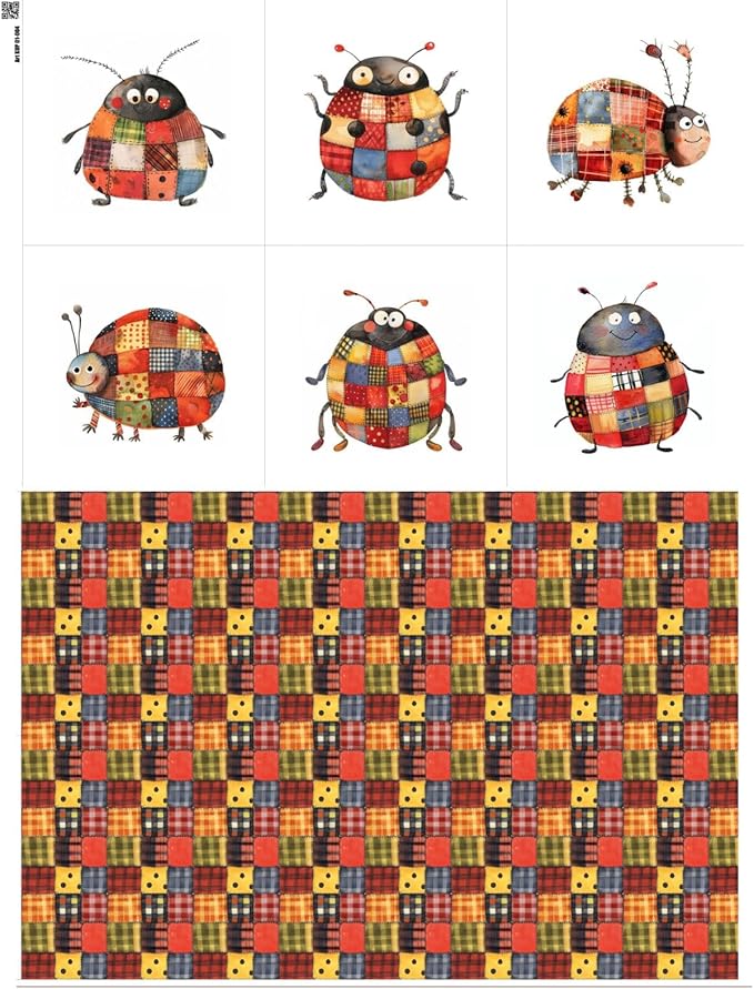 Patchwork Ladybug Cotton Fabric Panel – 6 Designs (10×10 inch Each) + Bonus Sheet 29.5×19.6 inch, 100% Cotton 140 GSM, Made in Türkiye