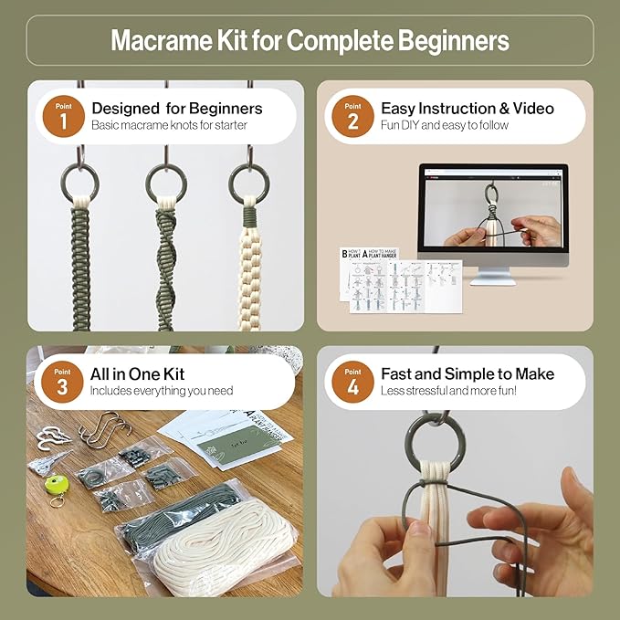LET BE Macrame Kits for Beginners, 3 Set of Plant Hangers DIY Kit: Braided Polyester Ropes 50yds*5mm Ivory, 20yds*2mm Forest Green, 60+Pcs Supplies with Step-by-Step Easy Instructions (IVGR)