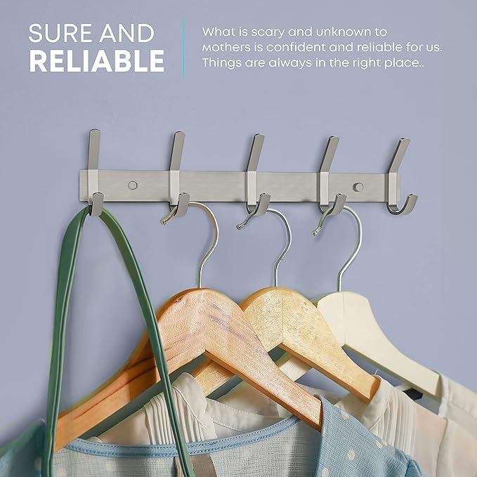 SAYONEYES Coat Rack Wall Mount – Brushed Nickel 15 Inch Stainless Steel Hook Rail with 5 Heavy Duty Double Coat Hooks – Wall Mounted Coat Hanger for Entryway, Bathroom, Bedroom, Towel, Hat Organizer