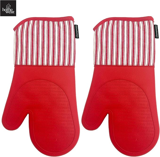 Homewear Marlow Silicone Extra Long Oven Mitt 2 Piece Set, Heat and Slip Resistant, Recycled Cotton with Soft Lining, Thick Kitchen Gloves for Cooking, Red