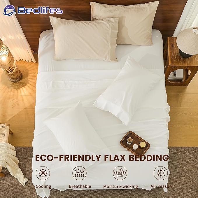 Bedlifes 100% French Pure Linen Sheets California King Size Breathable and Cooling Flax Sheet Set Soft Durable and Moisture Wicking 16 Inch Deep Pocket-4 Piece(Cal King,White)