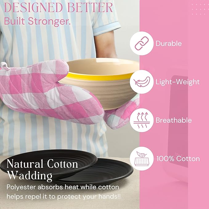 Buffalo Plaid Check Oven Mitts and Pot Holders Set, 100% Cotton, Heat Resistant, 2 Oven Gloves (7x13 Inches) and 2 Hot Pads (8x8 Inches) for Cooking and Baking, Rose Pink White