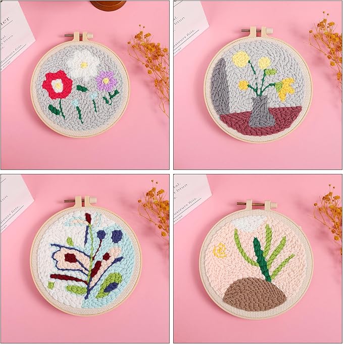 Allazone 4 Set Punch Needle Kits, 15 cm Embroidery Starter Kits, Punch Needle Tool Threader Fabric Embroidery Hoop, Yarn and Home Decor