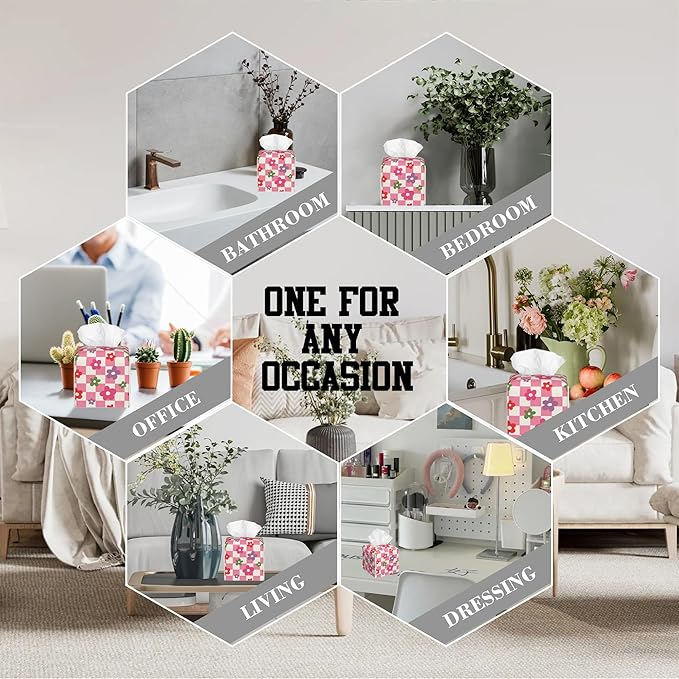 OHEGBXE Tissue Box Holder Vintage Groovy Flower on Checkered Square Leather Tissue Box Cover Modern Cube Facial Paper Cover Case for Bathroom Vanity Countertop Night Stands Tabletop