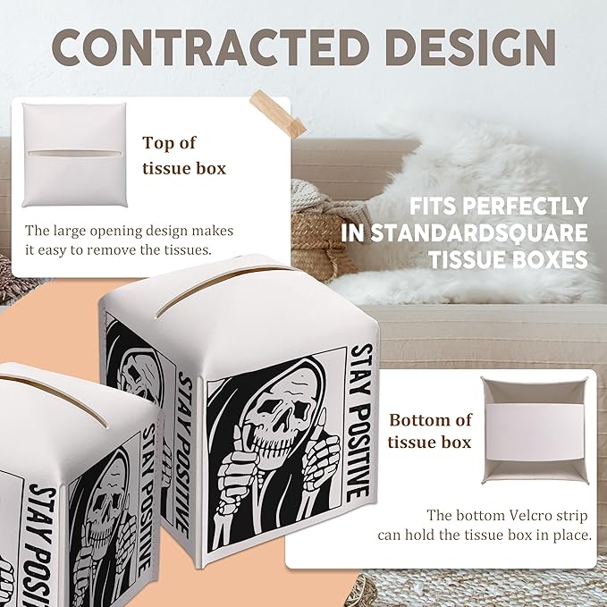 Tissue Box Gifts with Leather Cover Square, Inspirational Gift Ideas for Friends, Stay Positive, Skeleton Desk Decor for Bathroom Toilet Office, New Home Favor-(5.2 Inches)